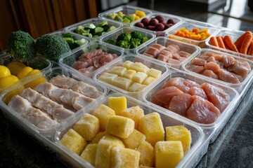 Fresh and Colorful Food Preparation with Various Ingredients in Clear Containers on a Kitchen Counter