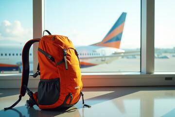 Orange hiking backpack at the airport floor