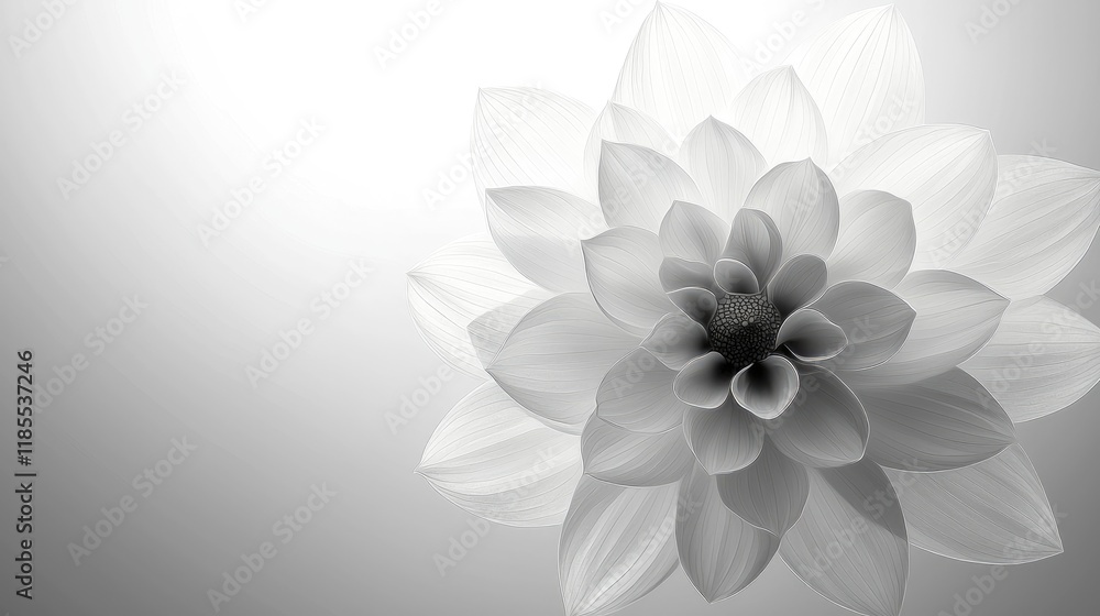 Poster Abstract grayscale pointillist flower illustration with soft gradient background