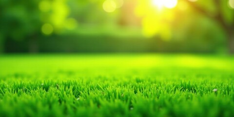 Fototapeta premium Vibrant Green Grass in a Sunny Meadow with a Defocused Background