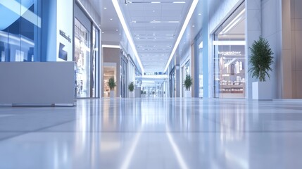 A 3D visualization of a shopping mall interior, highlighting spacious corridors, modern lighting fixtures, and a diverse range of stores and kiosk