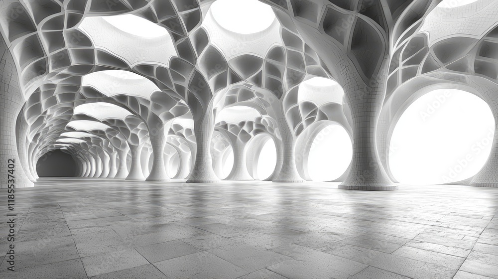 Poster abstract grayscale rendering of a futuristic interior space with organic, interconnected columns and