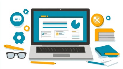Laptop displaying a data analytics dashboard surrounded by work tools and icons