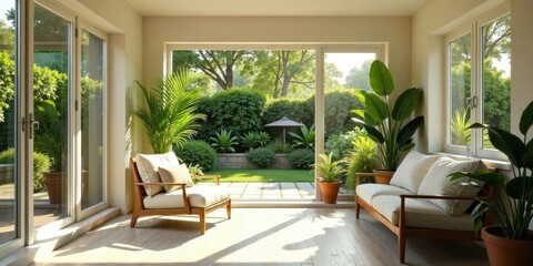 Fototapeta premium Sunlit interior with garden view and comfortable seating