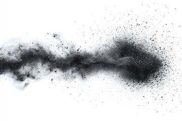 A dynamic cloud of black particles dispersing against a white background, suggesting movement and energy.