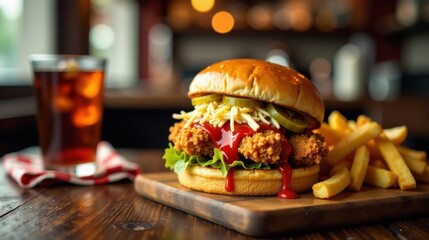 Delicious Crispy Fried Chicken Sandwich with Fries and Iced Tea
