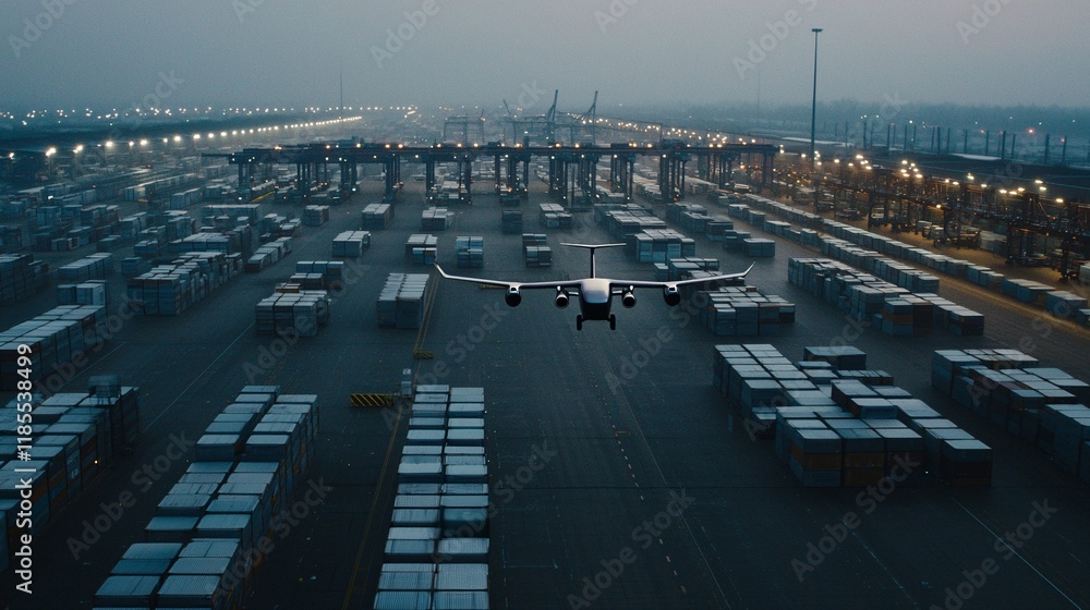 Poster a futuristic logistics system in action, integrating ai to manage cargo movement across continents