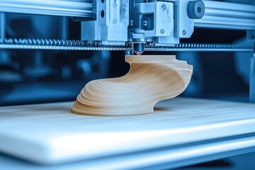 A 3D printer creating a wooden sculpture on a flat surface.