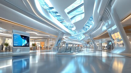 A futuristic 3D illustration of a shopping mall interior, featuring innovative design elements, high ceilings, and interactive digital signage