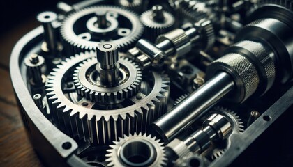 Intricate mechanical gears, Close-up of watch mechanism, Metallic cogs and wheels, Precision engineering, Steampunk aesthetics, Clockwork internals, Monochromatic tones, Macro photography, Interlockin