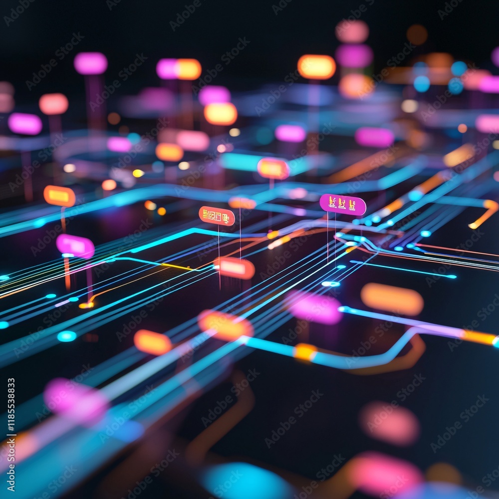 Poster a minimalistic yet intricate visual of a global logistics system dashboard with vibrant data streams