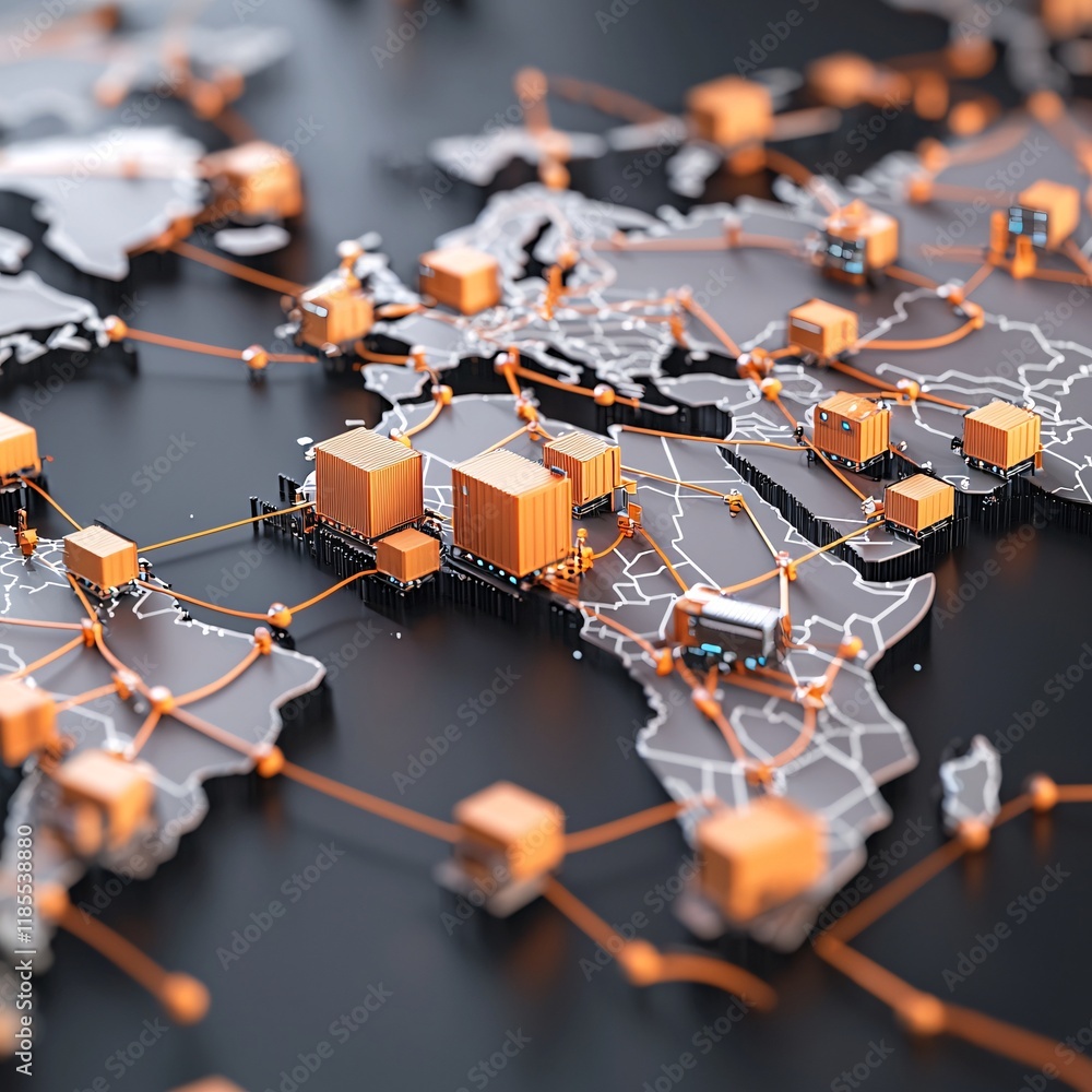 Poster a minimalistic yet intricate visual of a global logistics system dashboard with vibrant data streams