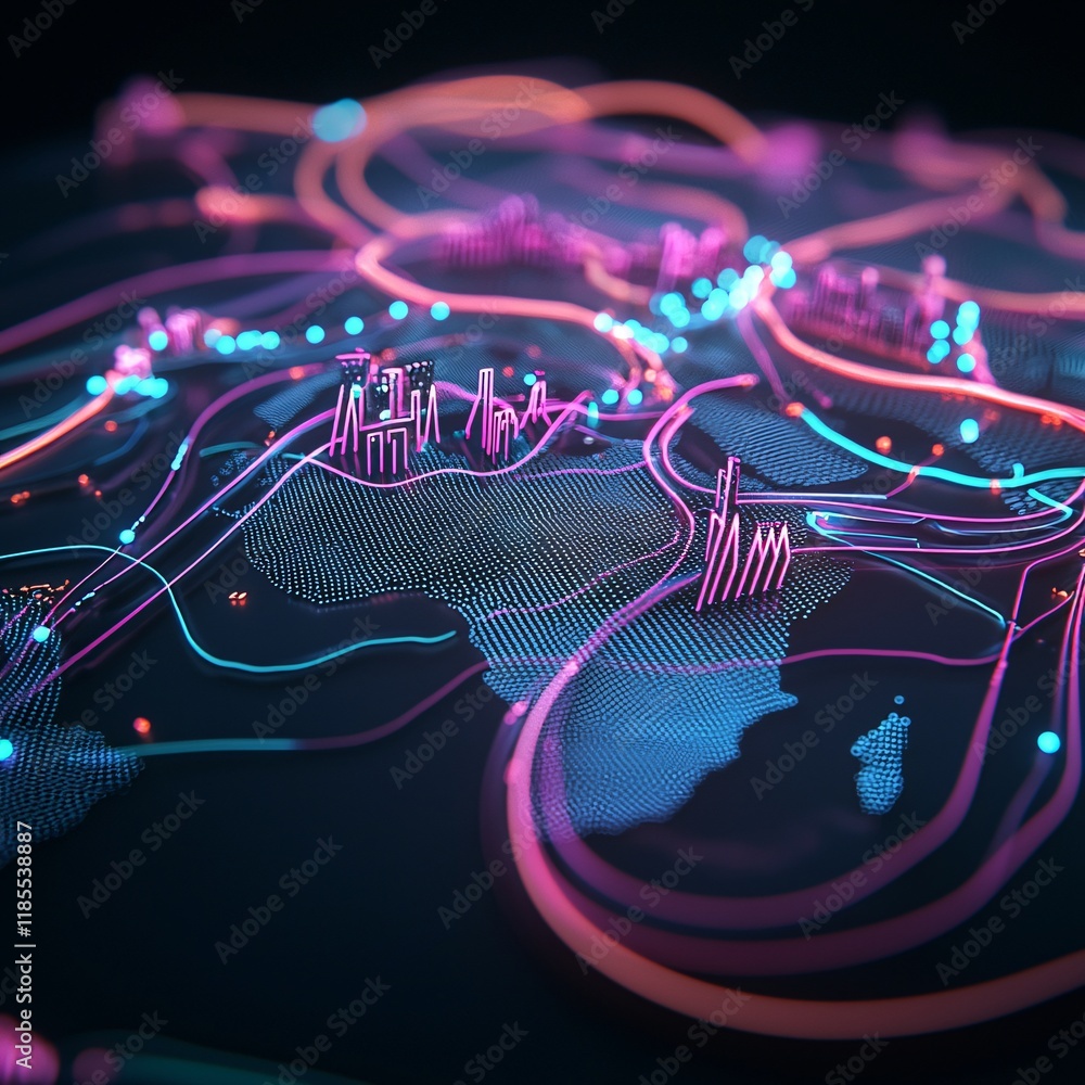 Poster a minimalistic yet intricate visual of a global logistics system dashboard with vibrant data streams