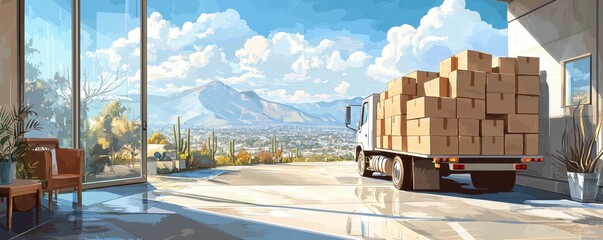 A serene interior scene with a truck loaded with boxes parked outside, showcasing a beautiful landscape and bright skies.