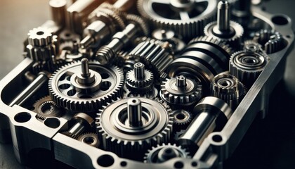 Intricate mechanical gears, Close-up of watch mechanism, Metallic cogs and wheels, Precision engineering, Steampunk aesthetics, Clockwork internals, Monochromatic tones, Macro photography, Interlockin