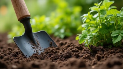 A garden spade placed in the soil near green plants, bathed in bright daylight. The spade's metal and wooden handle show detailed textures.