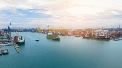 Fototapeta premium Aerial top view of cargo ship carrying container and running for export cargo yard port to custom ocean concept technology transportation , customs clearance, webinar banner forwarder mast