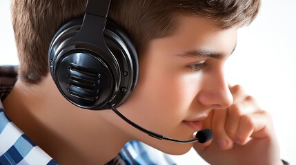 Focused Teenager Wearing Headset, Communicating Online