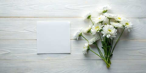 Elegant white blooms, aerial view.  Minimalist greeting card template. Perfect for simple celebrations.