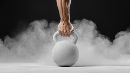 A strong hand gripping a chalk-dusted kettlebell, surrounded by a dramatic cloud of chalk powder against a dark background.