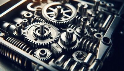 Intricate mechanical gears, Close-up of watch mechanism, Metallic cogs and wheels, Precision engineering, Steampunk aesthetics, Clockwork internals, Monochromatic tones, Macro photography, Interlockin
