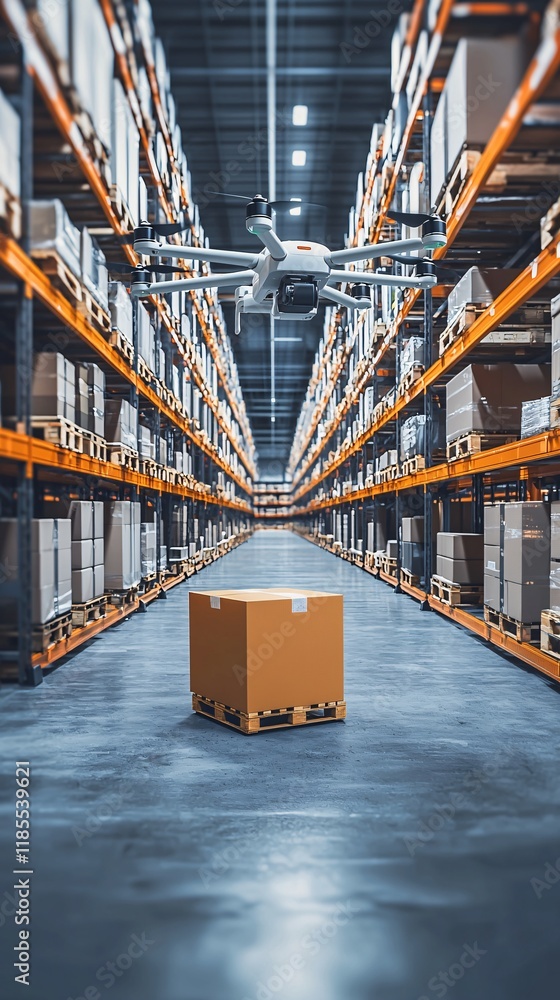 Poster a futuristic warehouse where drones and autonomous robots sort and transport cargo efficiently