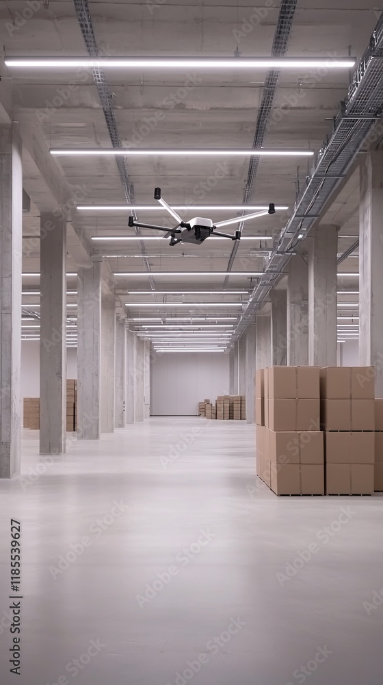 Poster a futuristic warehouse where drones and autonomous robots sort and transport cargo efficiently