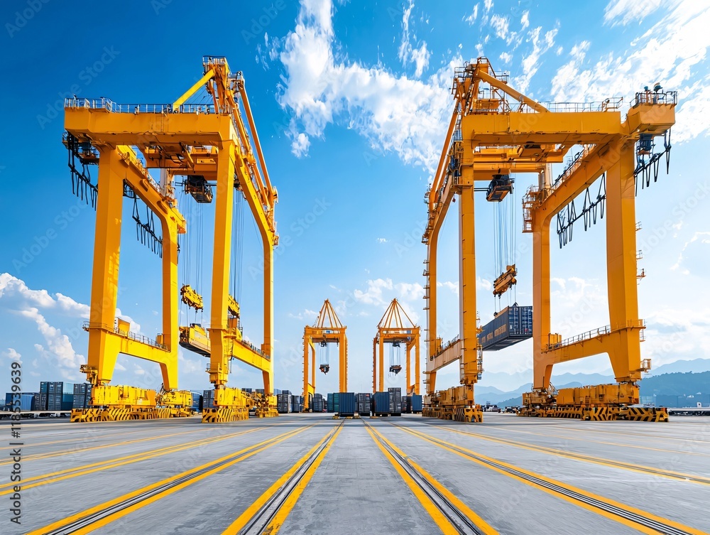 Poster an immersive scene of an automated shipping dock with mechanized cranes and ai-guided vehicles