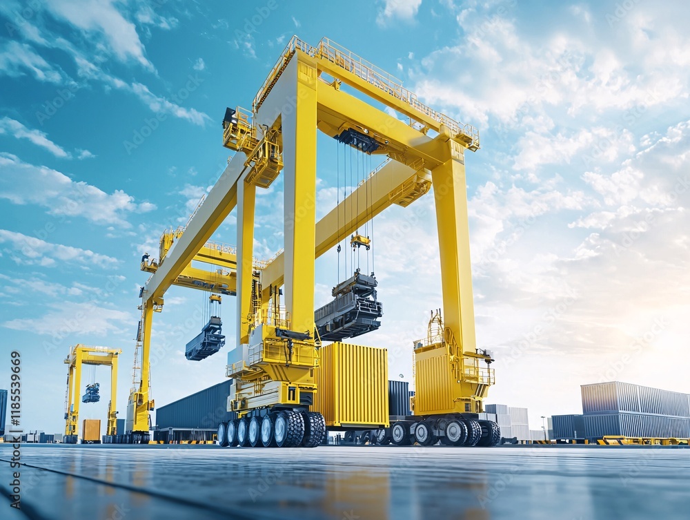Aufkleber an immersive scene of an automated shipping dock with mechanized cranes and ai-guided vehicles