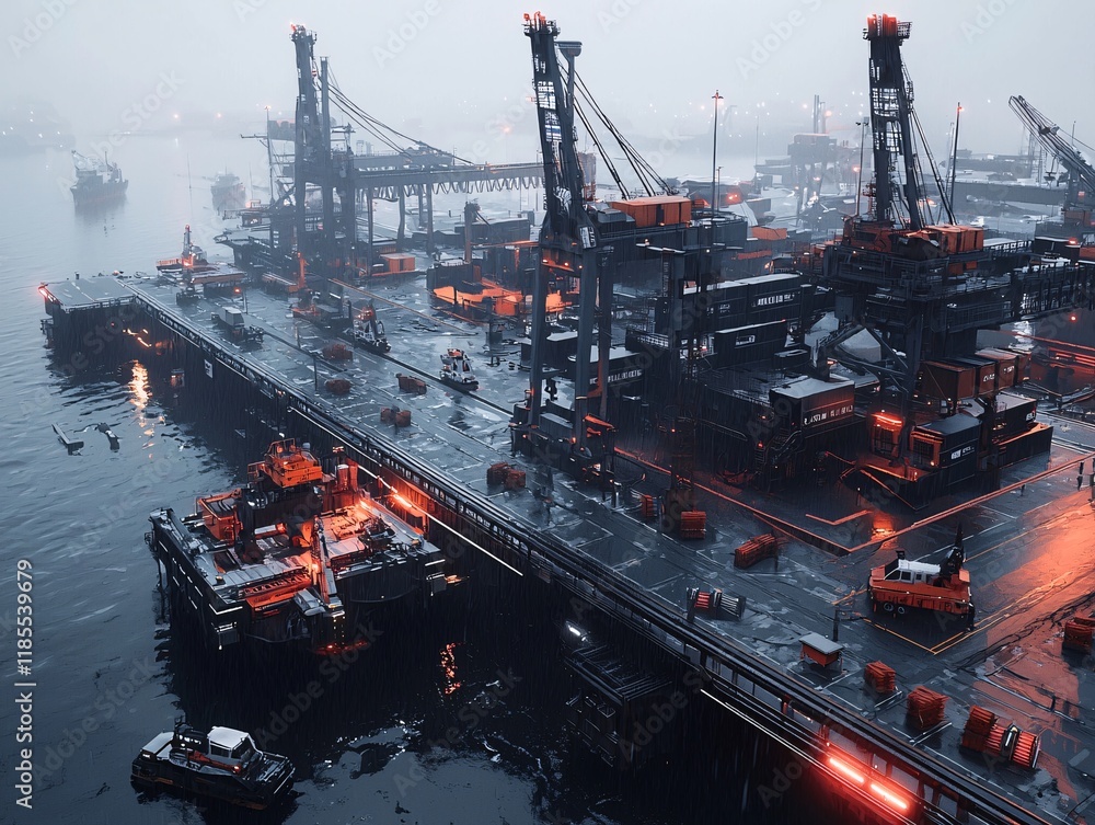 Aufkleber an immersive scene of an automated shipping dock with mechanized cranes and ai-guided vehicles