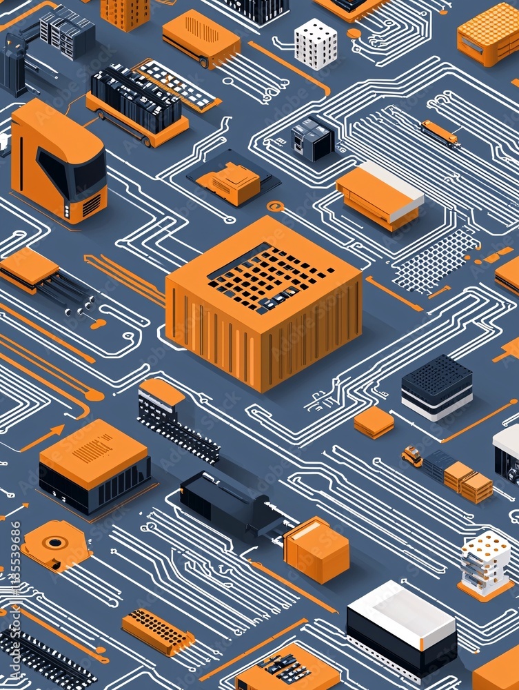 Poster a bold depiction of automation in logistics with interconnected machines handling global cargo flow