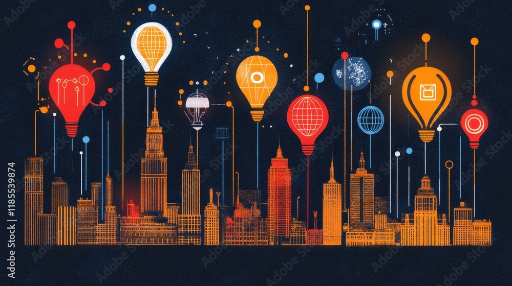 Poster illuminated cityscape with ascending idea lightbulbs representing innovation and progress