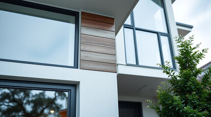 Fototapeta premium Modern Building Exterior with Large Windows and Wood Paneling