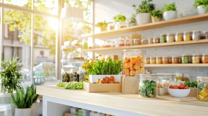 Fototapeta premium A minimalist eco-friendly shop display featuring jars of natural products