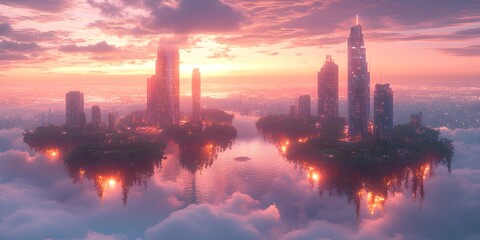 Fototapeta premium Surreal Floating Islands with Futuristic City - Generative AI