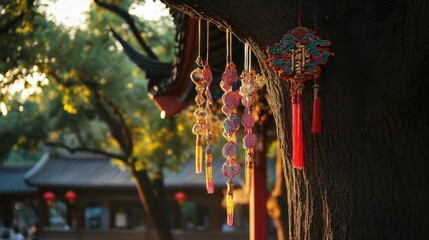 Fototapeta premium Vibrant Chinese Decorations Hanging from Tree at Evening