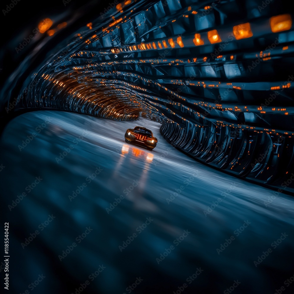 Poster futuristic car speeding through illuminated tunnel sci fi abstract background