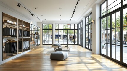 Naklejka premium A retail space being revamped, with new windows installed, walls painted, and flooring laid, readying for the grand opening of a new store