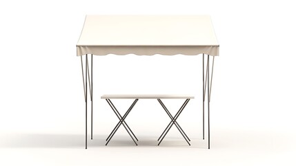 A sturdy white sales tent with clean lines, blank rectangular storefront sign centered on the top, folding table underneath covered with a smooth white tablecloth, watercolor-style shading for depth