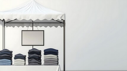 A pop-up sales tent with a blank sign in bold framing, table featuring folded merchandise neatly stacked, minimalist design with soft gradients, even studio lighting for clarity, isolated