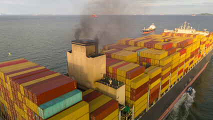 Smoke exhaust gas emissions carbondioxide from cargo lagre ship container ship,Marine diesel engine...
