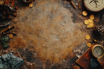 Antique Compass Gold Coins and Exploration Artifacts Surround Central Space
