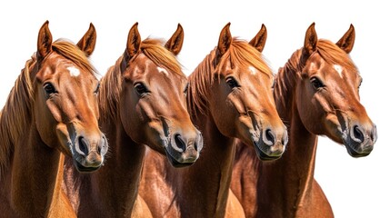 Four Chestnut Horses Close Up Portrait Against White Background