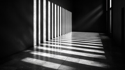 Abstract Monochrome Corridor with Light and Shadow Geometric Patterns