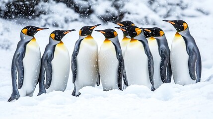 Fototapeta premium A group of emperor penguins huddled together in a snowy landscape.