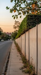 Urban Landscape  Concrete Wall  Hedge  Sidewalk  Road  Sunset