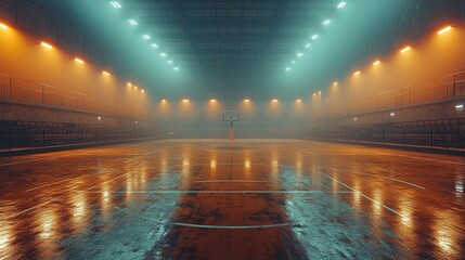 A dimly lit basketball court with a reflective floor and foggy atmosphere, creating a dramatic sports setting.