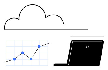 Cloud icon, upward data graph, and laptop symbolize cloud computing, data analysis, and digital technology. Ideal for technology, analytics, innovation, IT business remote work abstract line flat