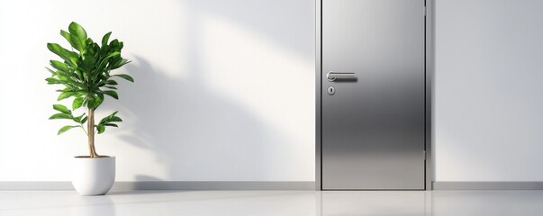 A sleek, modern interior featuring a metallic door beside a vibrant green plant in a minimalist space.