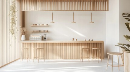 Bright and airy bubble tea shop interior with a minimalist design, featuring wooden accents, soft lighting, and a simple, stylish counter